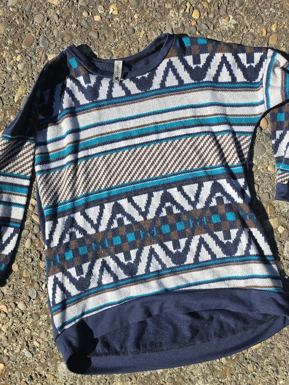 Pomelo Navy, White & Teal Patterned Knit Top